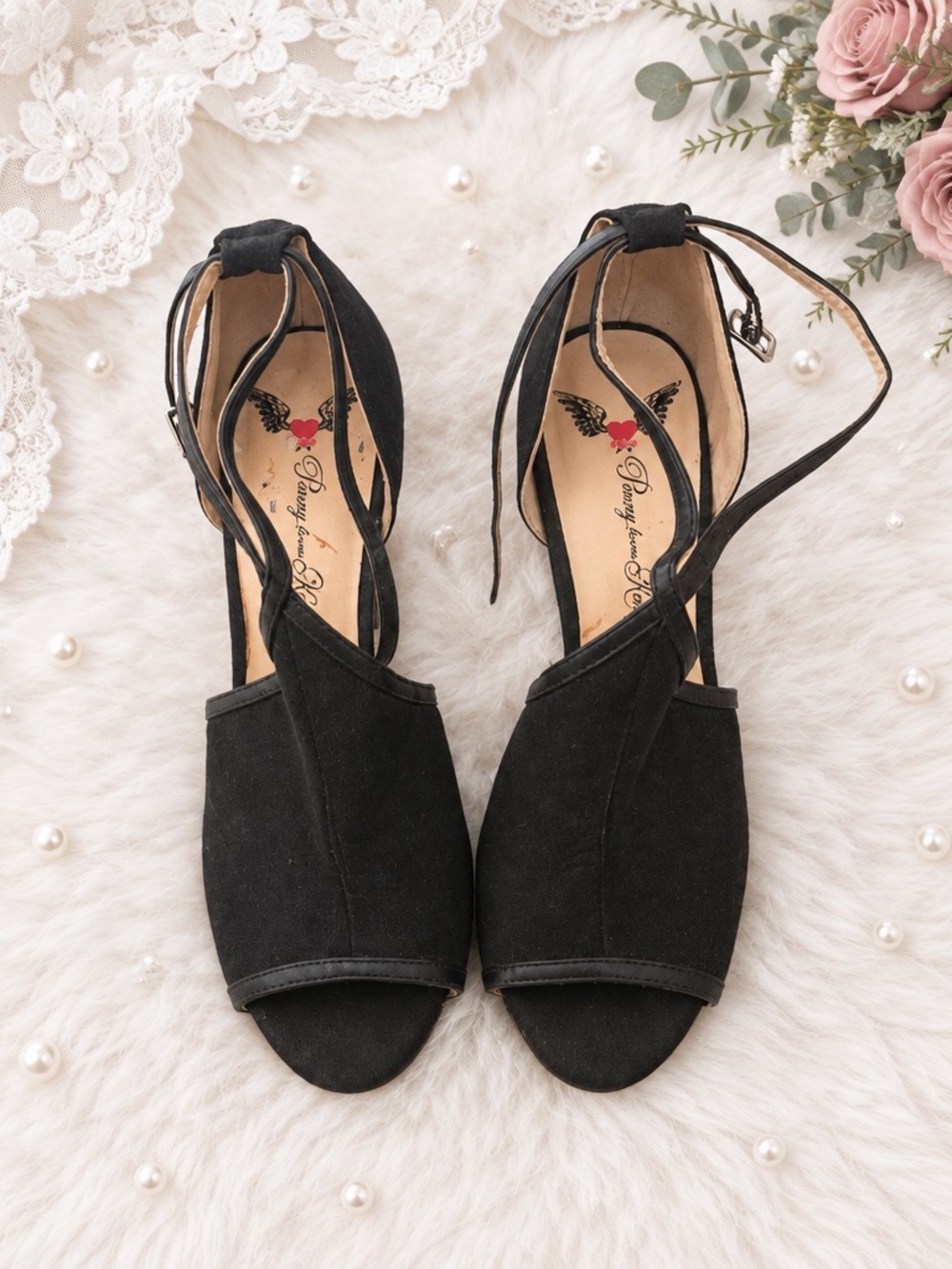 Penny Loves Kenny Black Suede Peep-Toe Ankle Tie Heels